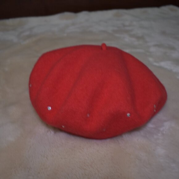 Vintage Red Wool Beret French Girl Style Sparkly Embellished Hat Chic - Picture 5 of 12